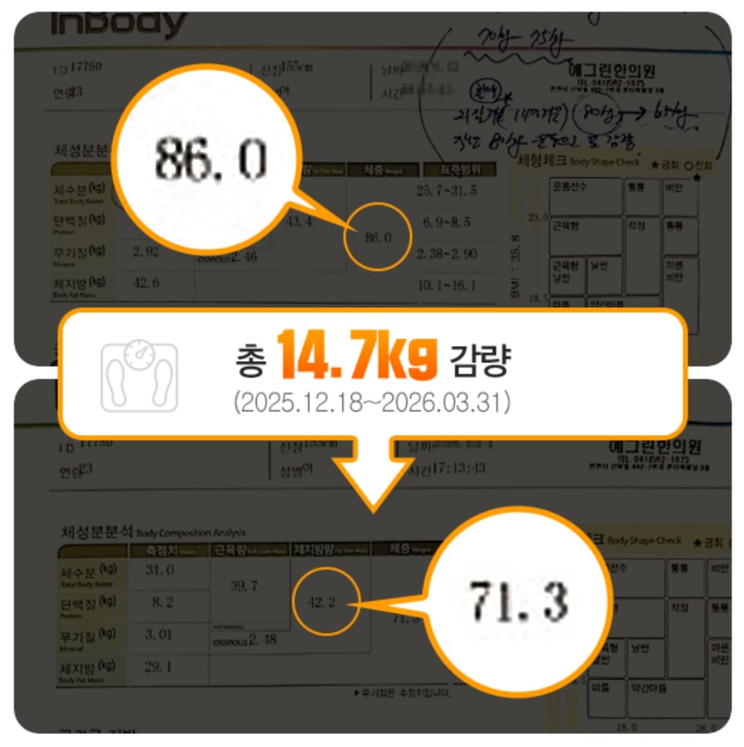 86.0kg에서 71.3kg으로 감량한 실제 체성분 검사 사례