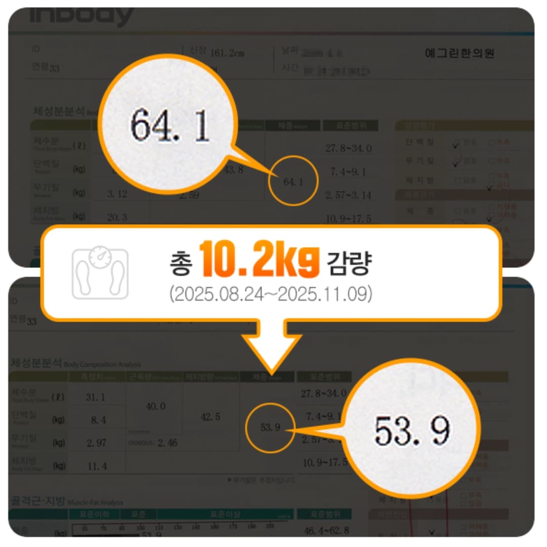 64.1kg에서 53.9kg으로 감량한 실제 체성분 검사 사례